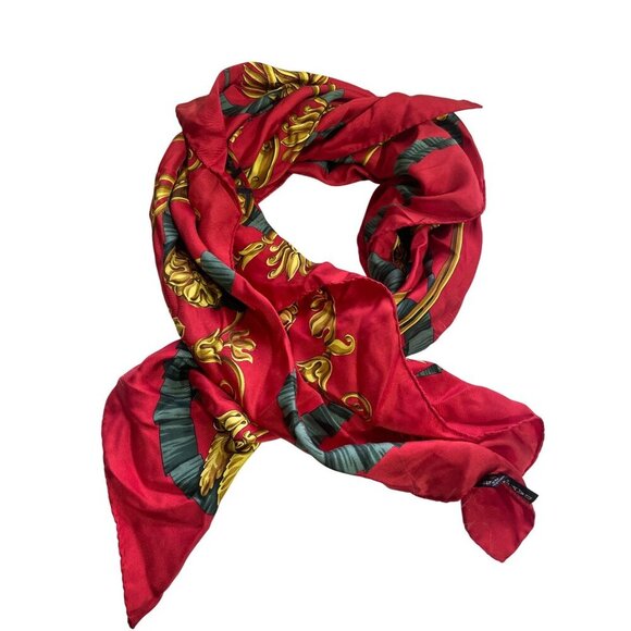 Daks Red Italian Silk Scarf With Gold Baroque Print - Picture 1 of 8